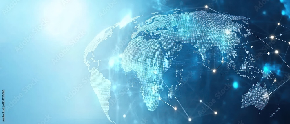 Poster digital world map with connections and light effects