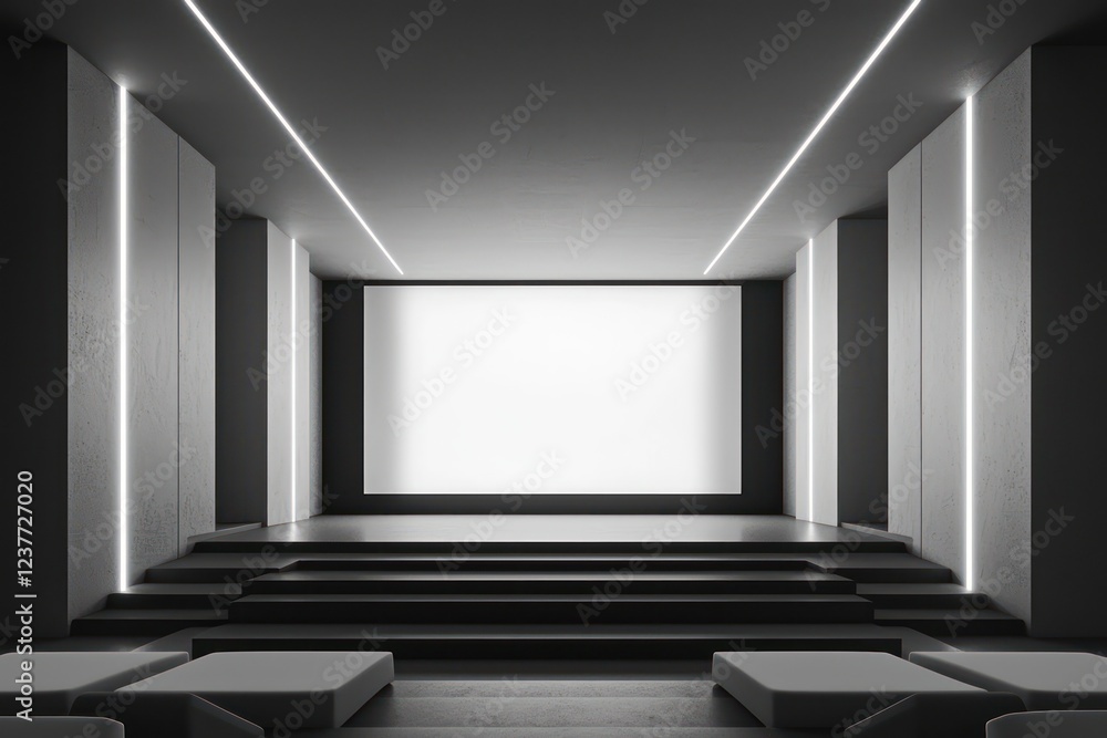 Poster under soft, diffused lighting, a spacious cinema hall features symmetrical seating and a matte blank
