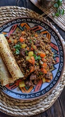 Traditional Ethiopian Food, Several types of stew and meat served on Injera. AI generated illustration