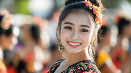 Fototapeta premium Malay woman wearing colorful huipil smiling enjoy vacation at street festival
