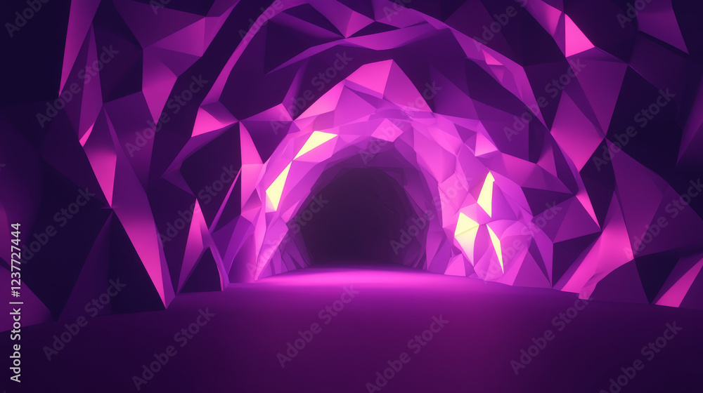 Poster neon light tunnel perspective. vector realistic illustration of dark hall with triangular shape geom