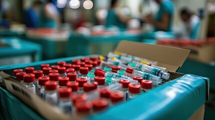 Obraz premium A sealed package of sterilized medical syringes ready for use in a vaccination drive