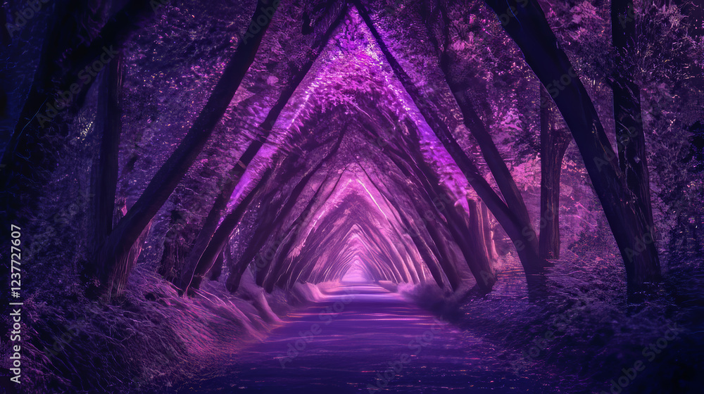 Aufkleber neon light tunnel perspective. vector realistic illustration of dark hall with triangular shape geom
