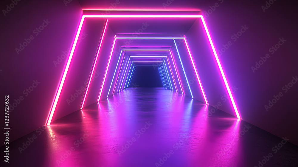 Poster neon light tunnel perspective. vector realistic illustration of dark hall with triangular shape geom