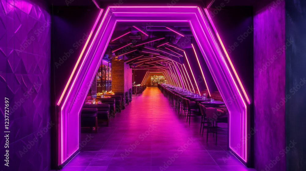 Aufkleber neon light tunnel perspective. vector realistic illustration of dark hall with triangular shape geom
