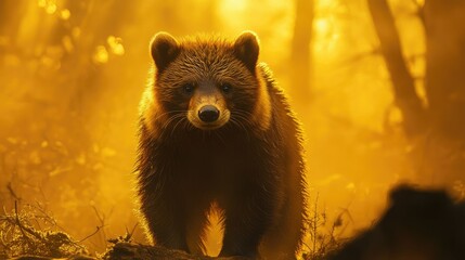 Obraz premium A wolverine illuminated by golden light, standing strong in the wilderness.