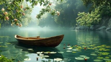 Fototapeta premium Tranquil River Scene with Wooden Boat and Lush Greenery