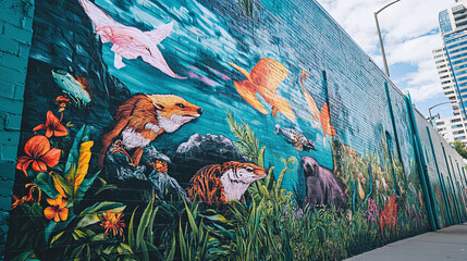 A World Environment Day mural, a vibrant artwork featuring nature scenes, endangered species, and calls for climate change action