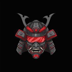 Menacing Samurai Oni Mask Dark Red and Grey Graphic Art