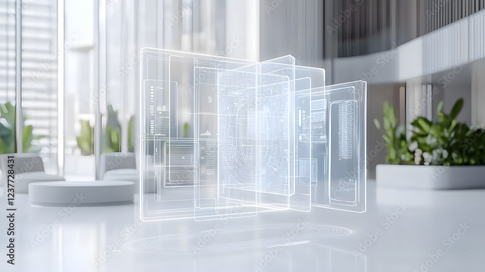 Poster innovative digital interface displaying data analytics in modern office space futuristic design indo