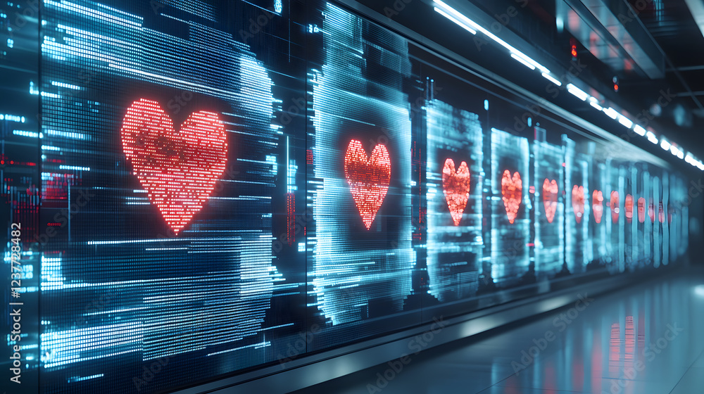 Aufkleber digital heartbeat visual display futuristic lab graphic design technology environment close-up view 