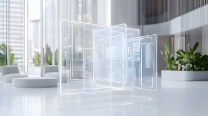 Innovative digital interface displaying data analytics in modern office space futuristic design indoor environment high-tech view