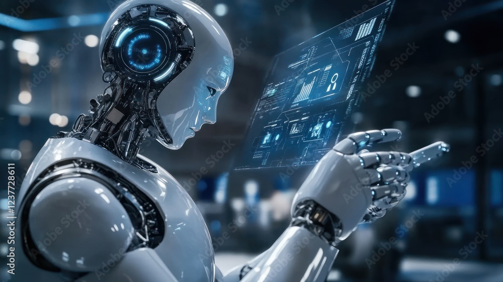 Poster futuristic robot analyzing data in a high-tech environment