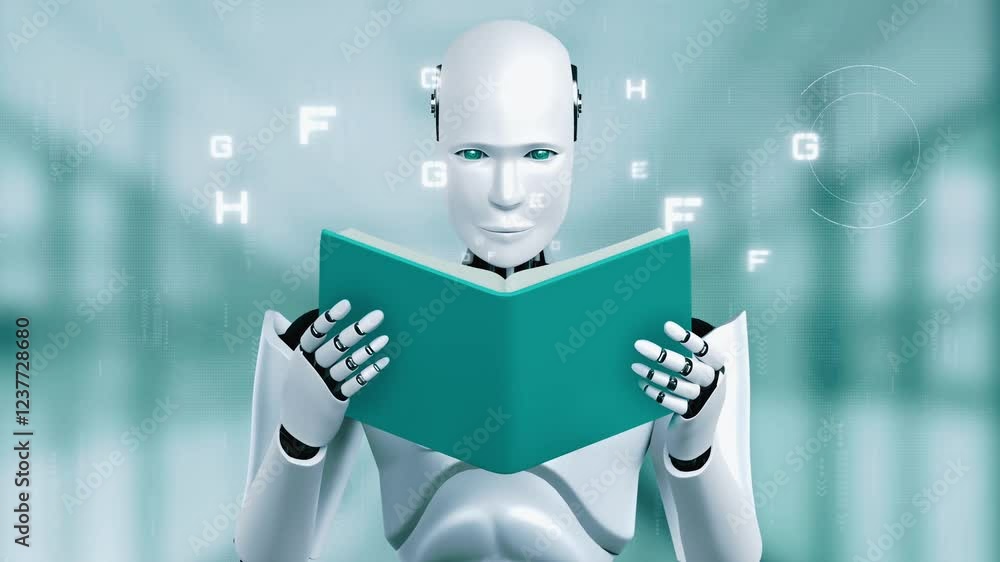 Poster 3d rendering of robot hominoid reading book in concept of future artificial intelligence and 4th fou