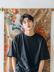 The teenager wear an oversized t-shirt and smiled casually. Take dynamic vertical photos.