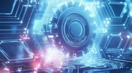 Futuristic gear surrounded by glowing digital circuitry