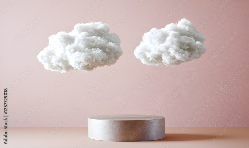 Poster floating clouds on minimalist platform studio setting digital art serene ambience artistic perspecti