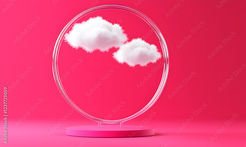 Poster clouds displaying in a circular frame pink background digital art minimalism eye-level creative conc