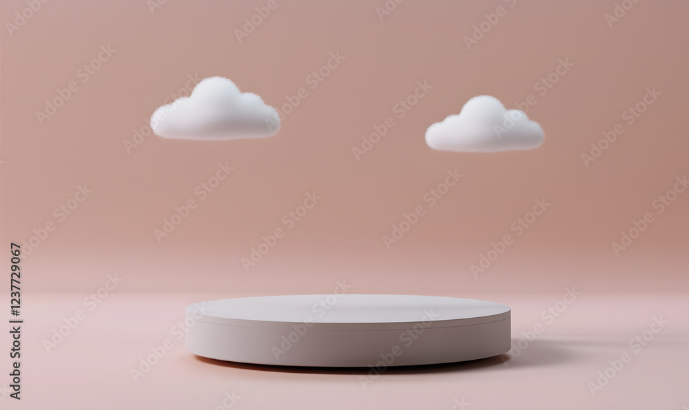 Poster floating clouds above minimalistic platform in soft-toned studio digital art calm environment eye-le