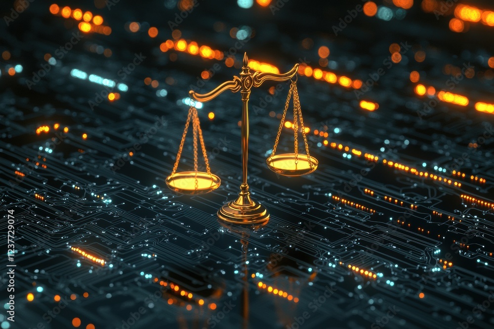 Poster digital justice scales floating over circuit board in collaborative environment