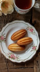 Perfect French madeleine cookies, buttery and delicate, served with cup of coffee. Light gray background. Top view. AI generated illustration