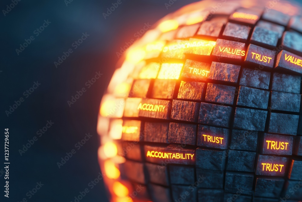 Poster glowing abstract globe surrounded by keywords representing values and trust