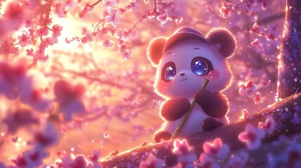 Cute Panda in Cherry Blossoms at Sunset
