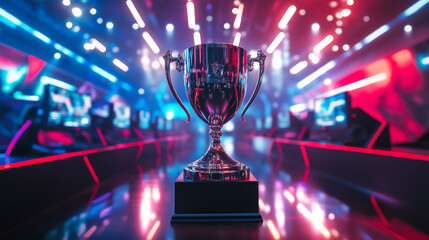 eSports Winner Trophy Standing on a Stage in the Middle of the Computer Video Games Championship Arena. Two Rows of PC for Competing Teams. Stylish Neon Lights with Cool Area Design.
