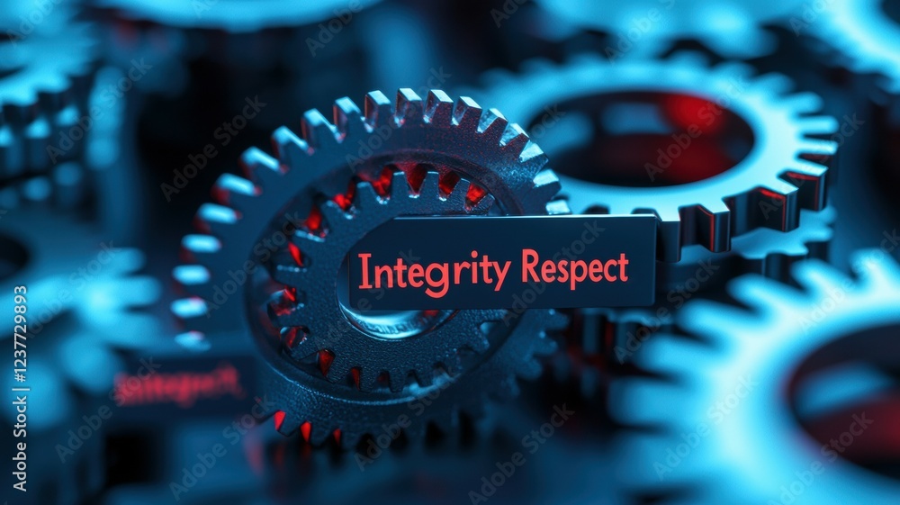 Poster glowing gears moving in sync with words representing integrity and respect