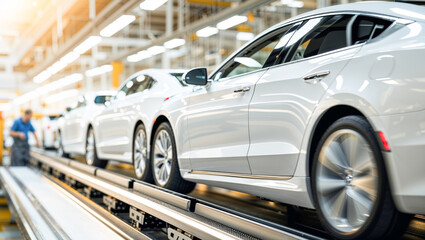 Production line showcases multiple white cars being assembled indoors