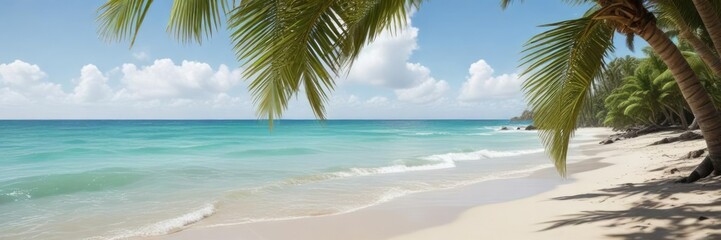 Palm fronds swaying in the breeze on a sandy beach with calm clear water, serene, calm, nature, clear, peaceful