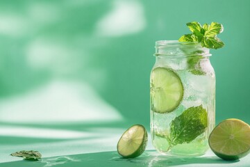 Refreshing Lime Mint Drink in a Glass Jar
