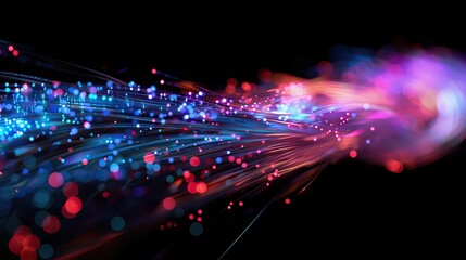 colorful optical fibres dinamic flying from deep on technology background. AI generated illustration