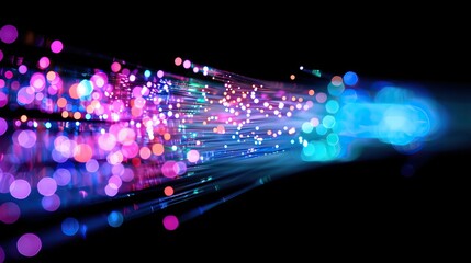 colorful optical fibres dinamic flying from deep on technology background. AI generated illustration