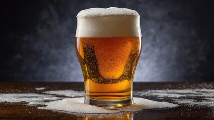 Glass of Beer with Foam on Wooden Table