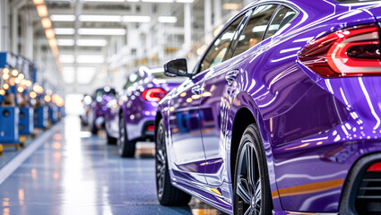 Obraz premium Modern purple cars on assembly line in automotive manufacturing facility