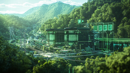 .An eco-friendly power plant built in the middle of a lush forest, generating renewable energy using advanced green technology, with holographic energy 