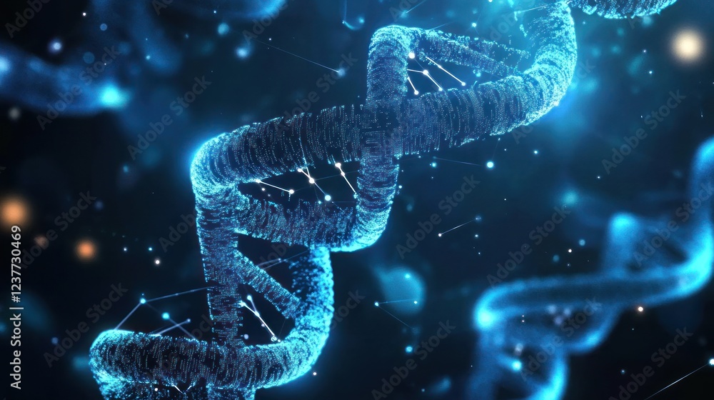 Poster glowing dna helix in deep space with cosmic elements