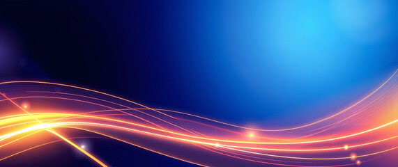 Luxury design style. Abstract curved blue shape on blue background with lighting effect and copy space for text.