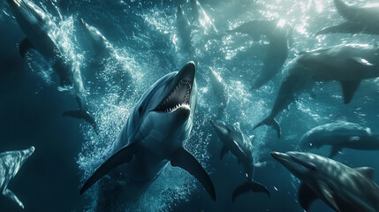 Fototapeta premium An epic underwater chase, a pod of dolphins evading a curious shark, the ocean world in motion with vibrant sea life