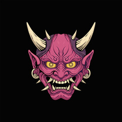 Oni Mask Fierce Pink Demon Face, Japanese Art Style