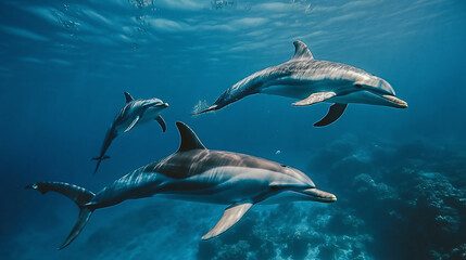 Naklejka premium An epic underwater chase, a pod of dolphins evading a curious shark, the ocean world in motion with vibrant sea life
