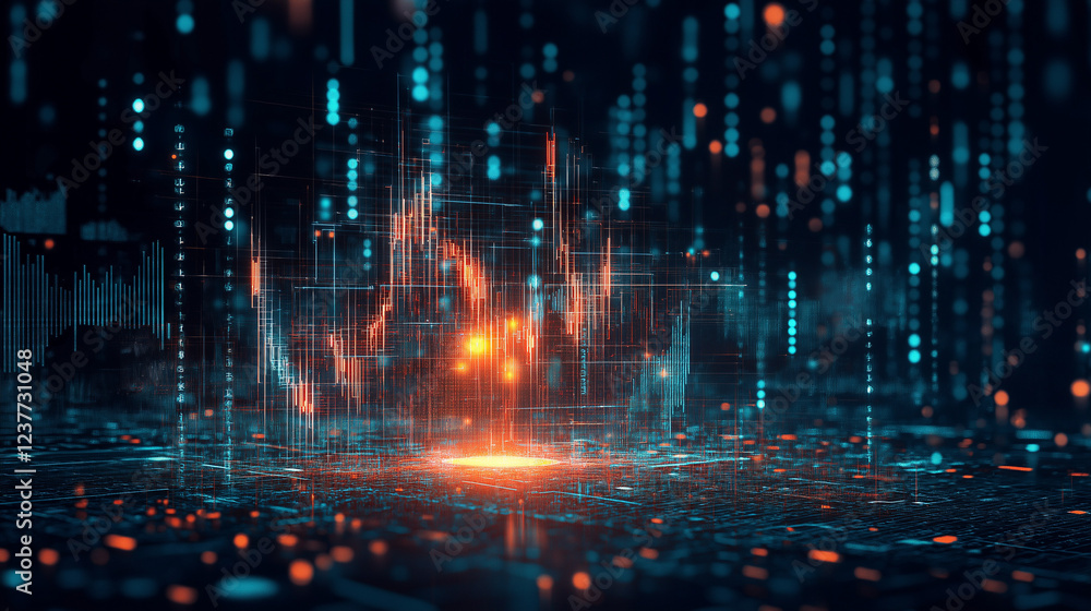 Poster digital matrix: abstract representation of data streams, glowing energy, and digital particles formi