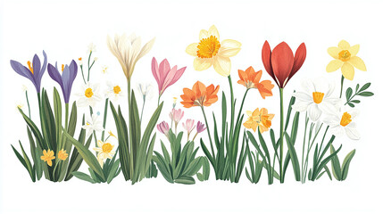 Obraz premium An illustration of garden flower types for early spring, featuring crocuses, tulips, and daffodils, blooming