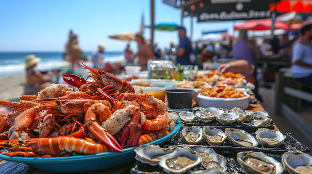 An outdoor seafood festival by the beach, tables full of shrimp, lobster, oysters, and crab, with people eating and enjoying the ocean breeze