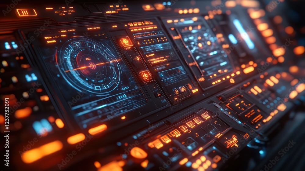 Poster futuristic spaceship control panel: sci-fi interface design