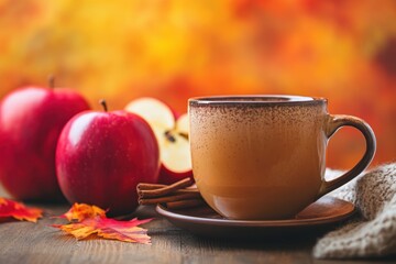 Autumnal beverage with apples and cinnamon sticks