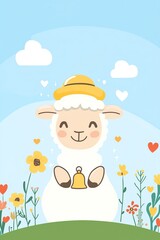 Naklejka premium Cute Sheep in Flower Meadow Spring Cartoon Illustration