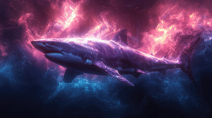Fototapeta premium A majestic great white shark swims through a vibrant, cosmic nebula, glowing with pink and blue energy.