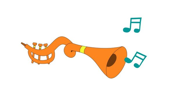 Funny trombone with music note in cartoon animation. Alpha channel. Seamless looping. Entertainment musical instrument symbol. Suitable for jazz making music video element content